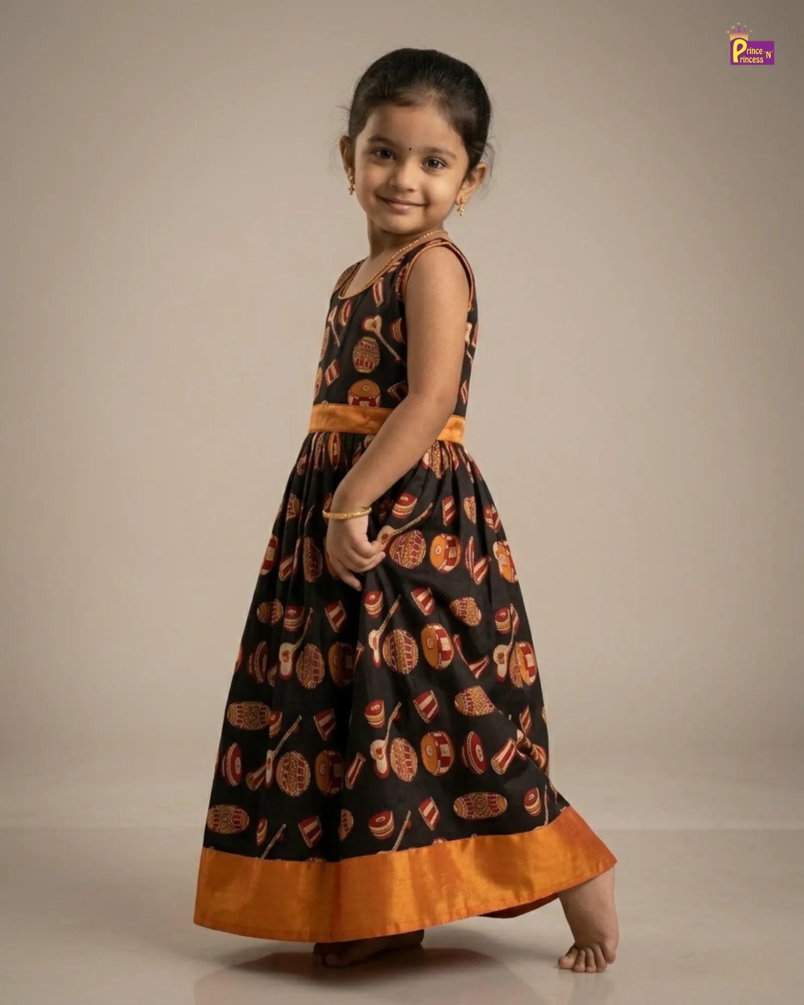 Kids Cotton Gown Black with Mango Yellow PG703 for kids festival wear