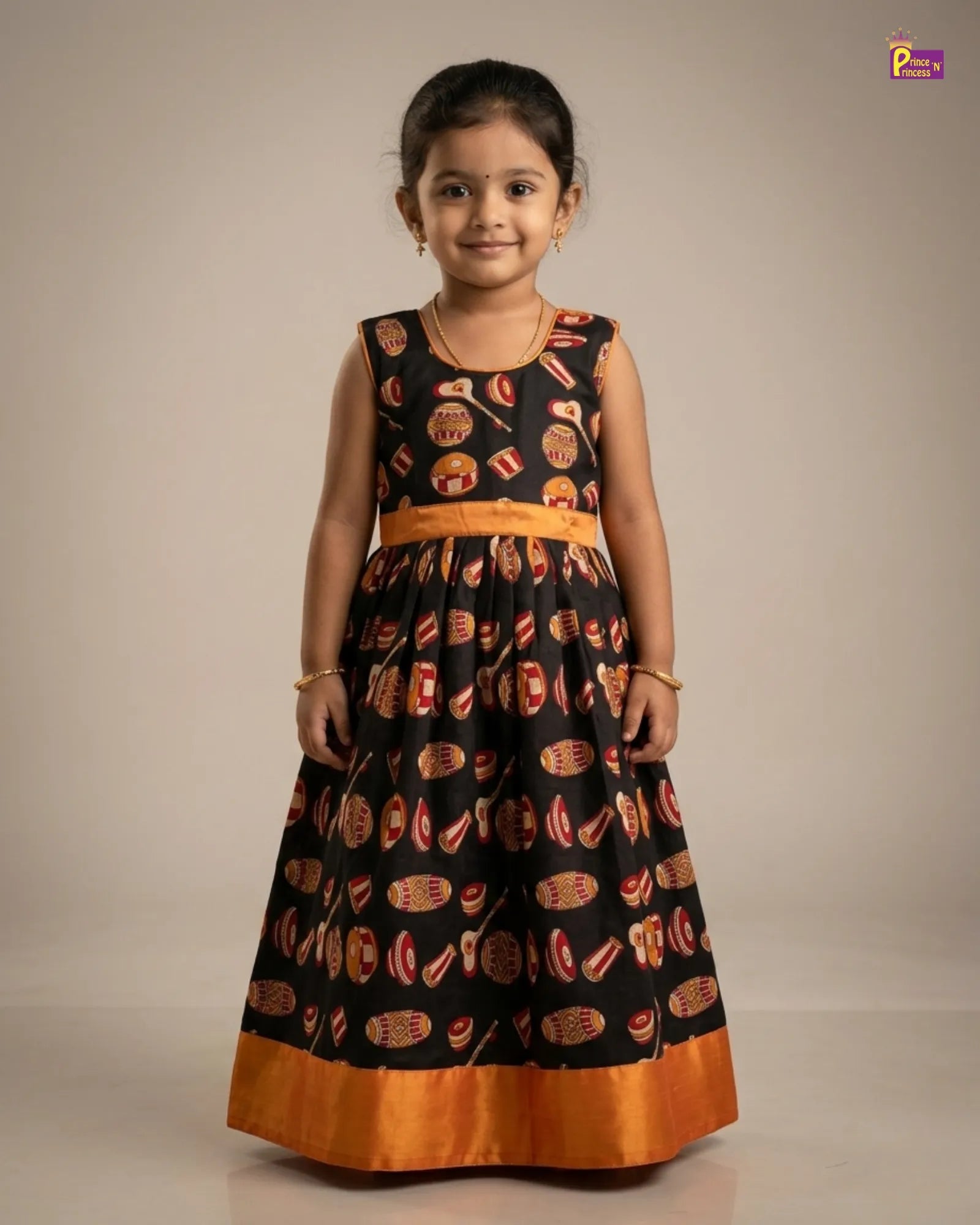 Kids Cotton Gown Black with Mango Yellow PG703 for kids festival wear