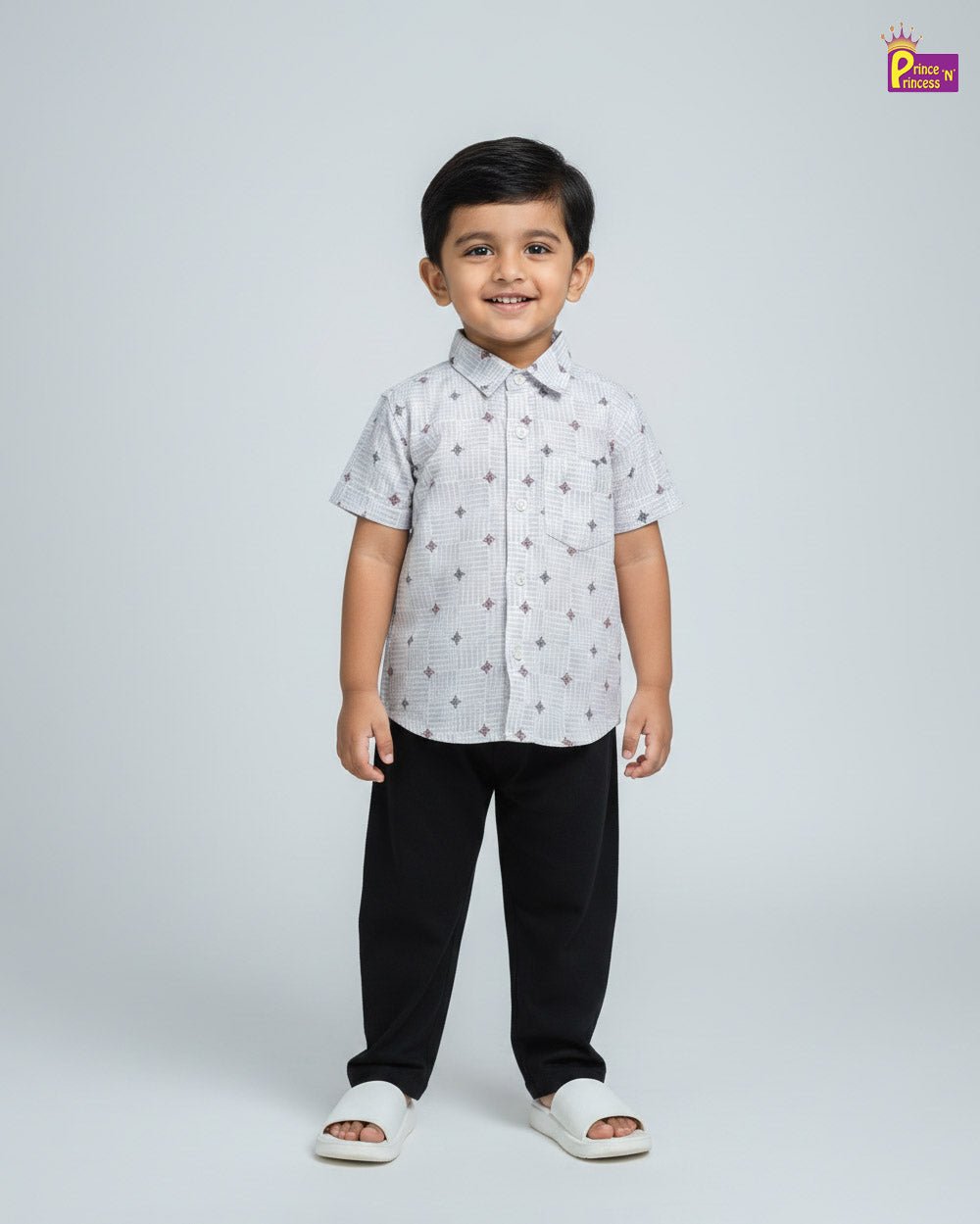 Kids Cotton Half Sleeve Shirt in White Printed ST084 - Prince N Princess