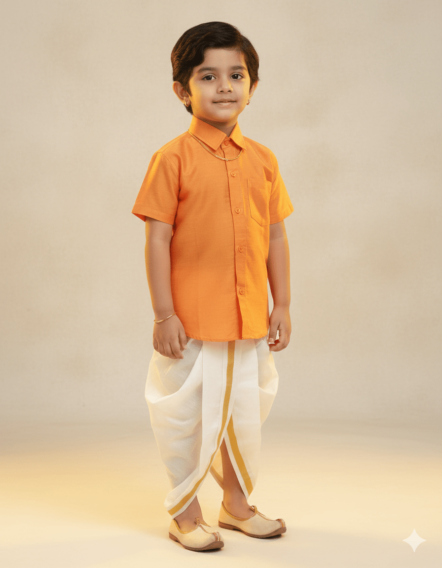 Kids Cotton Orange Half Sleeve Silk Shirt BS007 - Prince N Princess