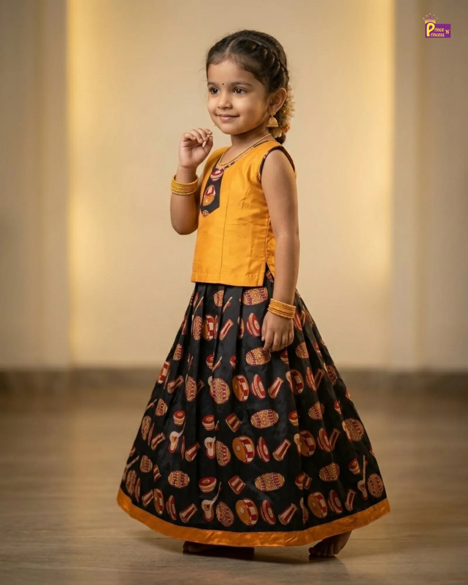 Kids Cotton Pavadai Sattai Black with Mango Yellow PPP1998 for kids festival wear