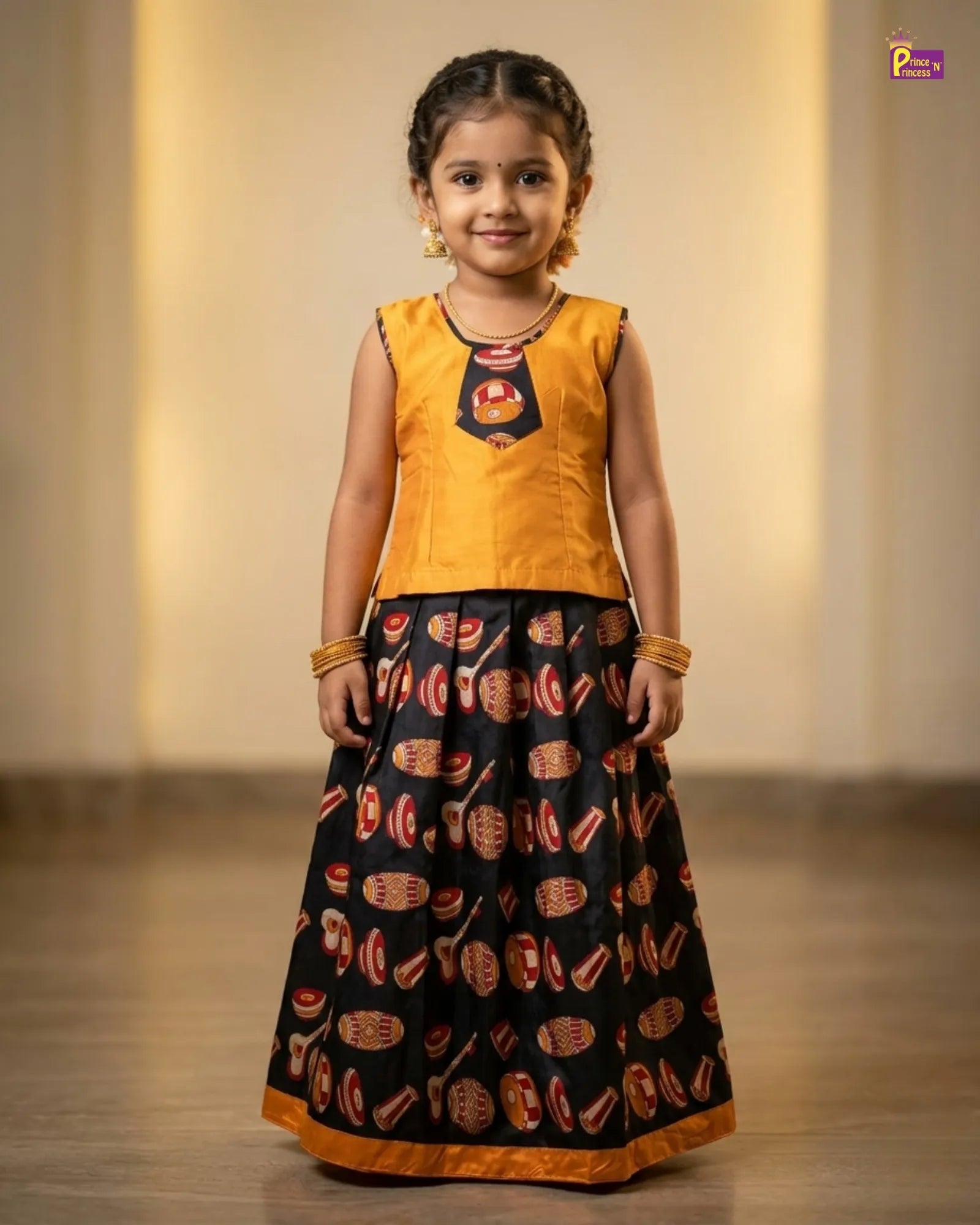 Kids Cotton Pavadai Sattai Black with Mango Yellow PPP1998 for kids festival wear