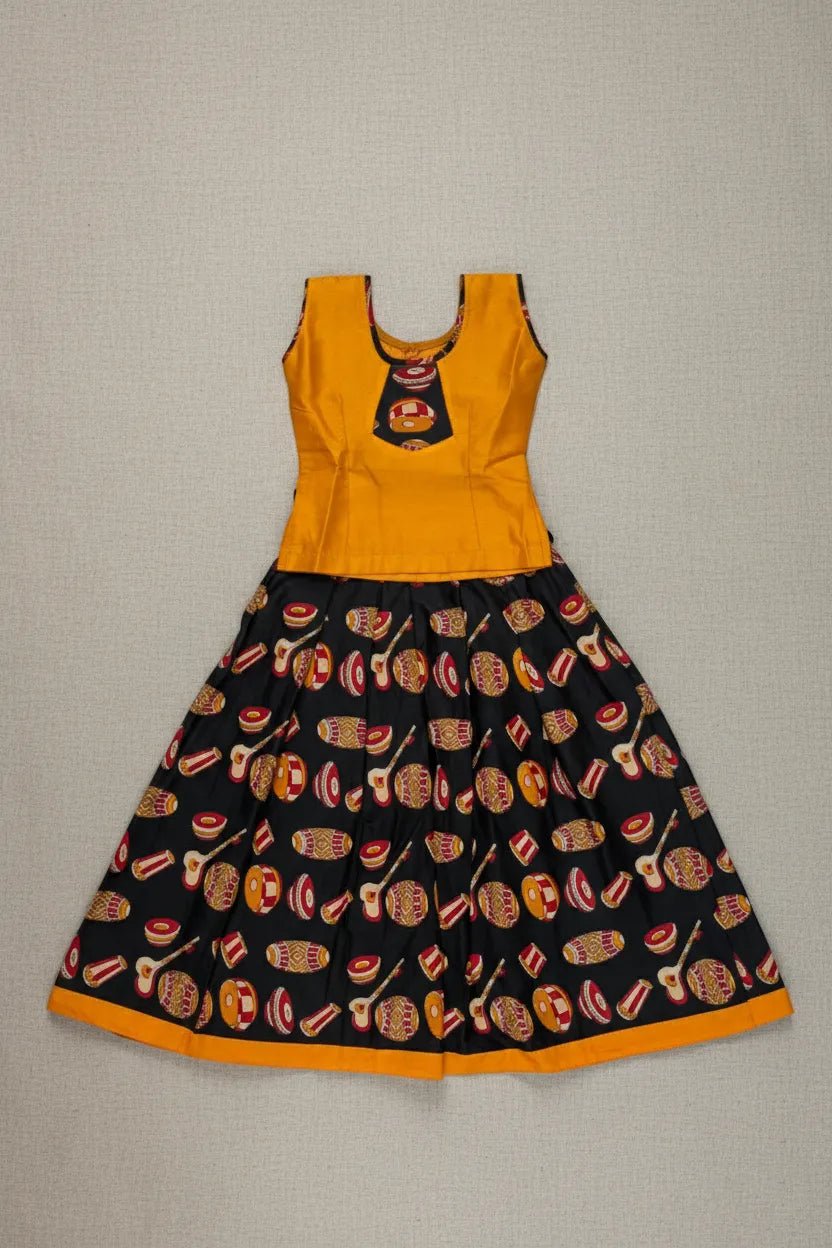 Kids Cotton Pavadai Sattai Black with Mango Yellow PPP1998 - Prince N Princess