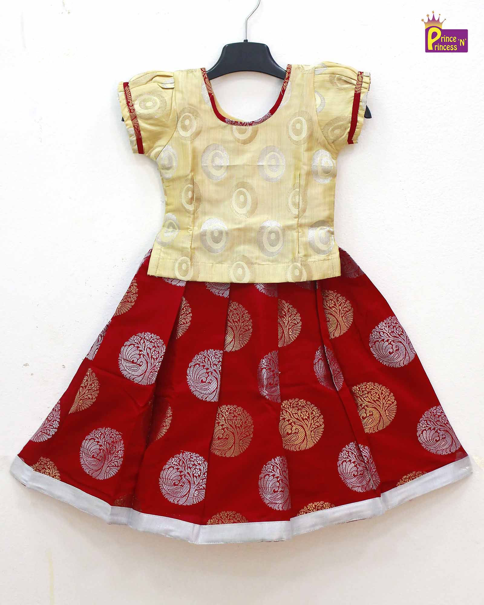 Kids Cream With Maroon Grand Banarasi Silver Jari Pattu Pavadai PPP1202 - Prince N Princess