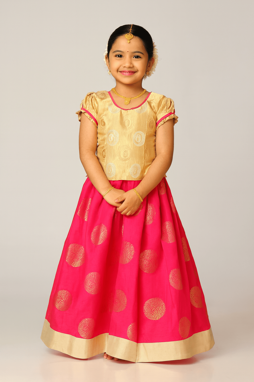 Kids Cream With Rani Pink Grand Banarasi Silver Jari Pattu Pavadai PPP655 - Prince N Princess