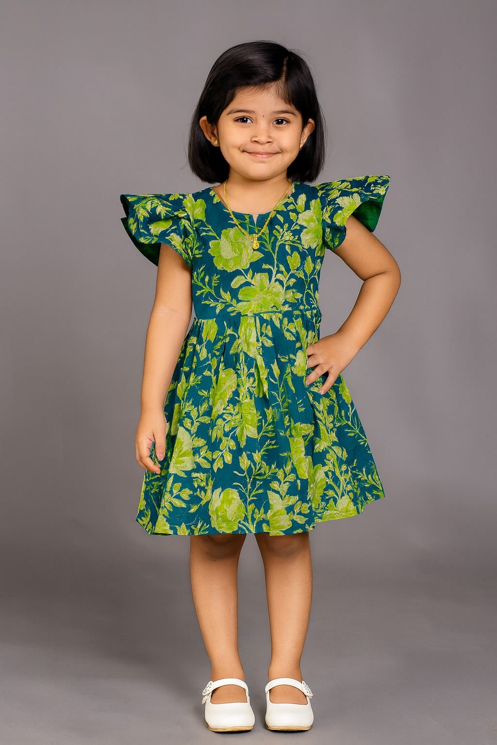 Kids Dark Blue Floral Cotton Frock CF376 - Prince N Princess