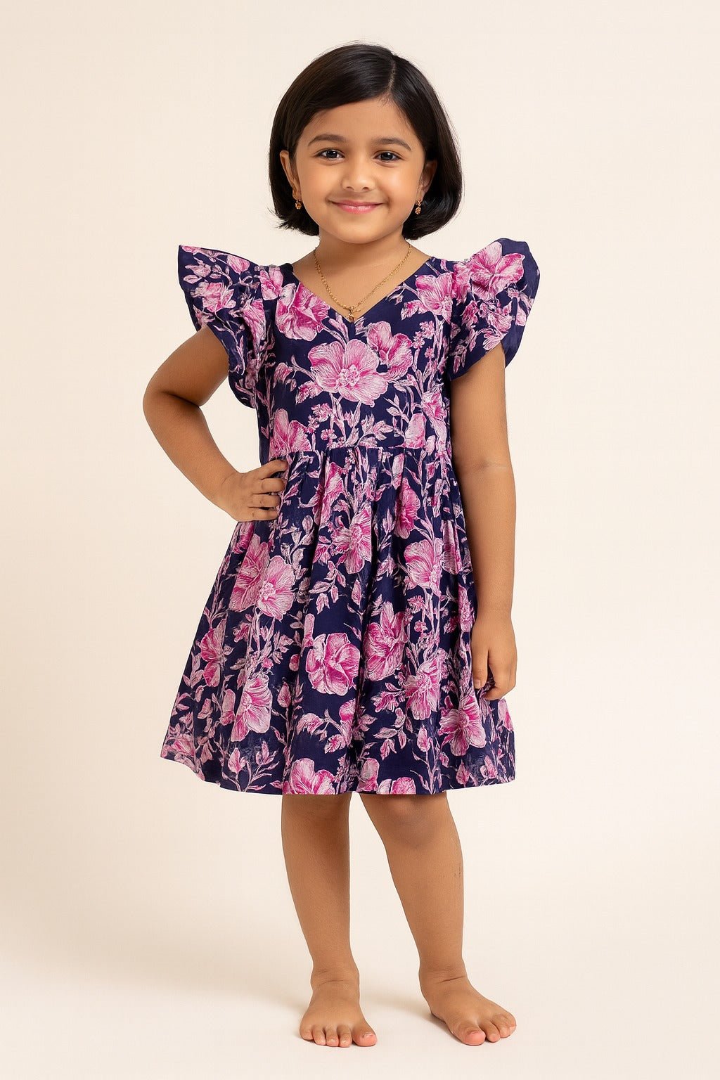 Kids Dark Blue Pink Floral Cotton Frock CF377 - Prince N Princess