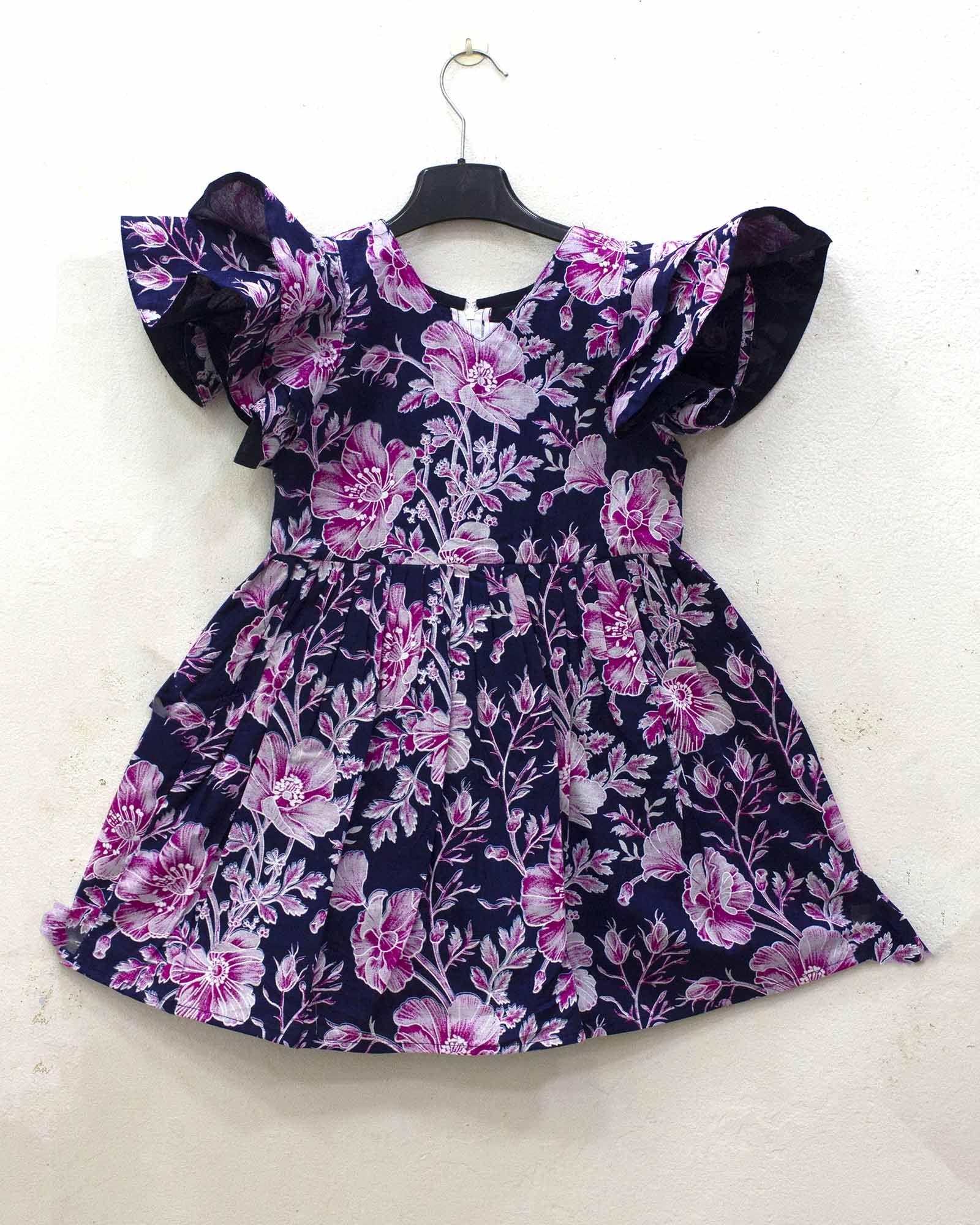 Kids Dark Blue Pink Floral Cotton Frock CF377 - Prince N Princess