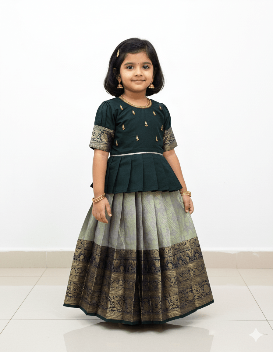 pattu pavadai dark green aari neck banarasi border narayana pleat princenprincess