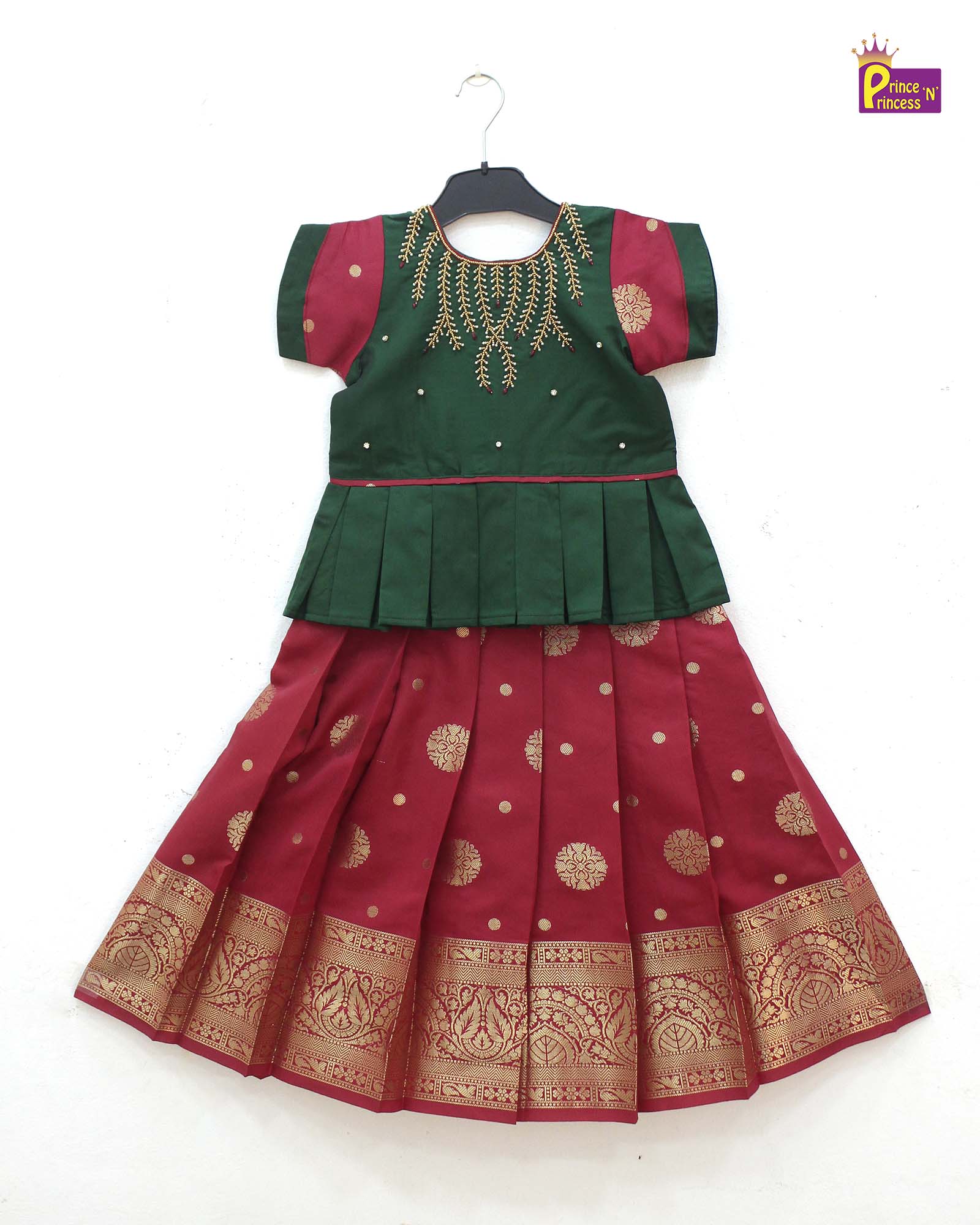 Kids Dark Green with Maroon Traditional Aari Pattupavadai PPP1768 - Prince N Princess