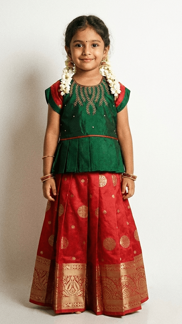 Kids Dark Green with Maroon Traditional Aari Pattupavadai PPP1768 - Prince N Princess
