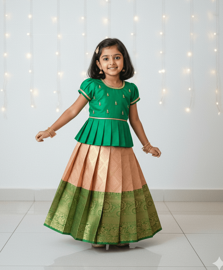 Kids Dark Green With Peach Traditional Aari Work Pattupavadai PPP1925 for kids festival wear