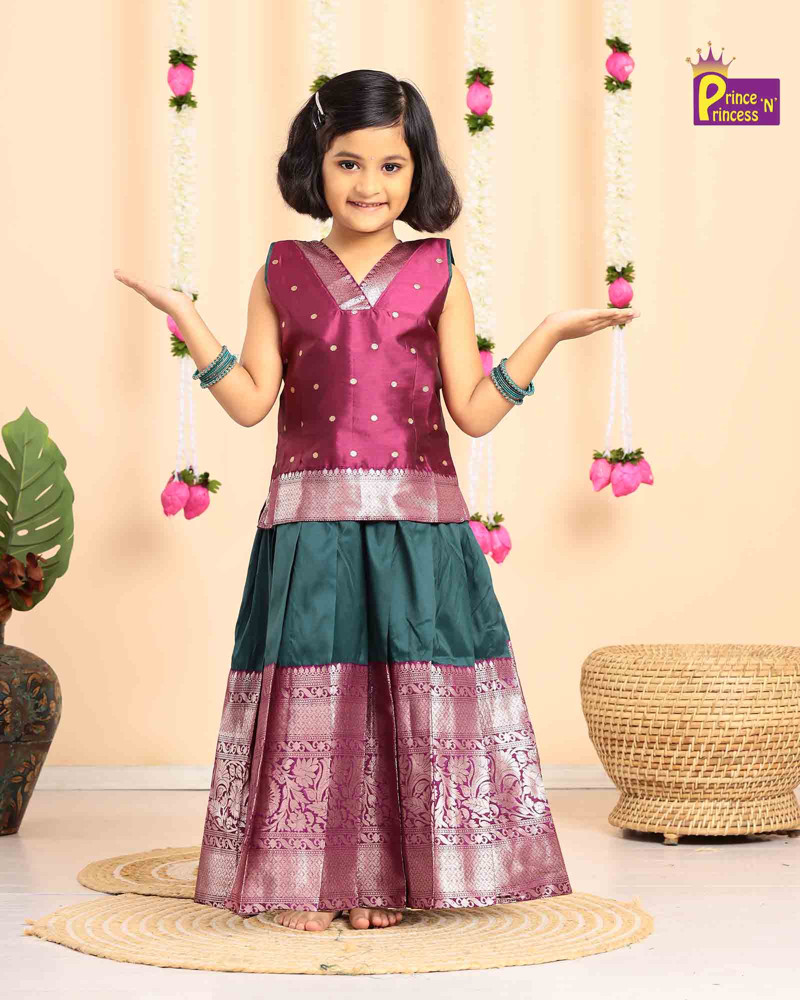 Kids Dark Green with Whine Traditional Pattupavadai PPP1628 - Prince N Princess