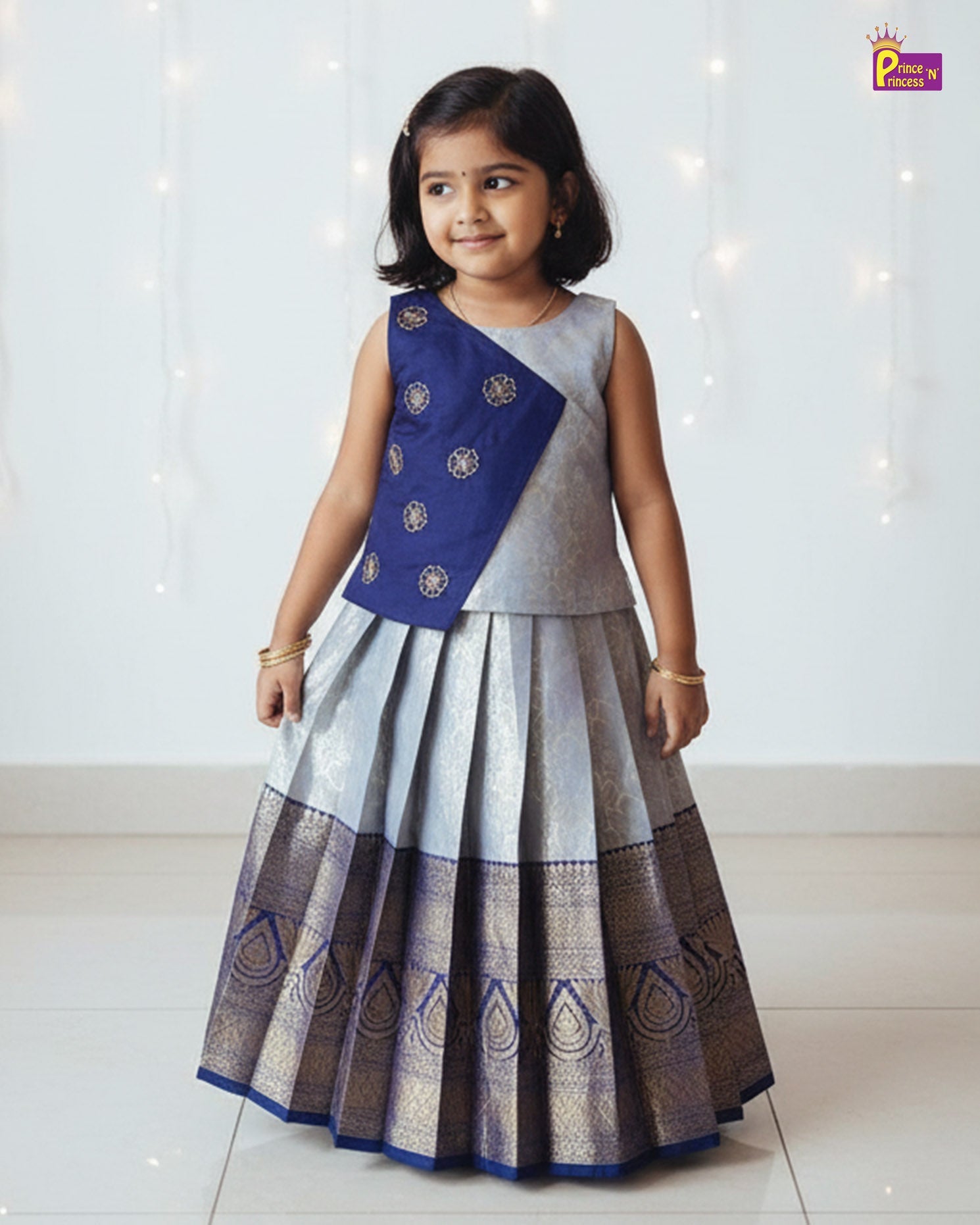 Kids Dark Navy Blue With Silvery Blue Traditional Aari Work Pattupavadai PPP1926 - Prince N Princess