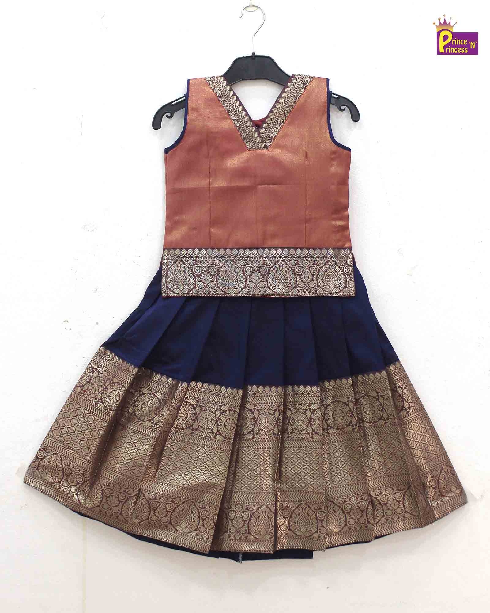 Kids Dark Peach with Navy BlueTraditional Pattupavadai PPP1720 - Prince N Princess