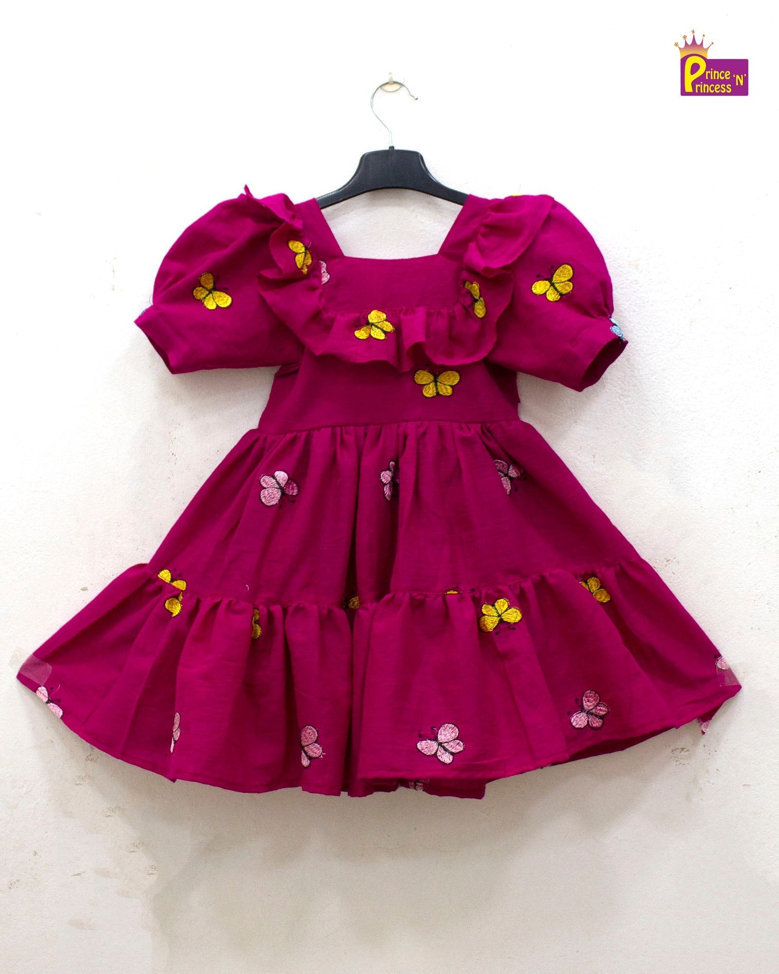 Kids Dark Pink With Embroidery Butterfly Cotton Frock CF375 - Prince N Princess