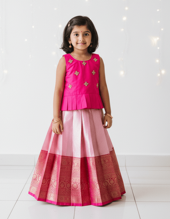 Kids Dark Rani Pink With Baby Pink Traditional Aari Work Pattupavadai PPP1929 - Prince N Princess