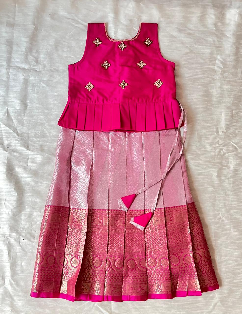 Kids Dark Rani Pink With Baby Pink Traditional Aari Work Pattupavadai PPP1929 - Prince N Princess