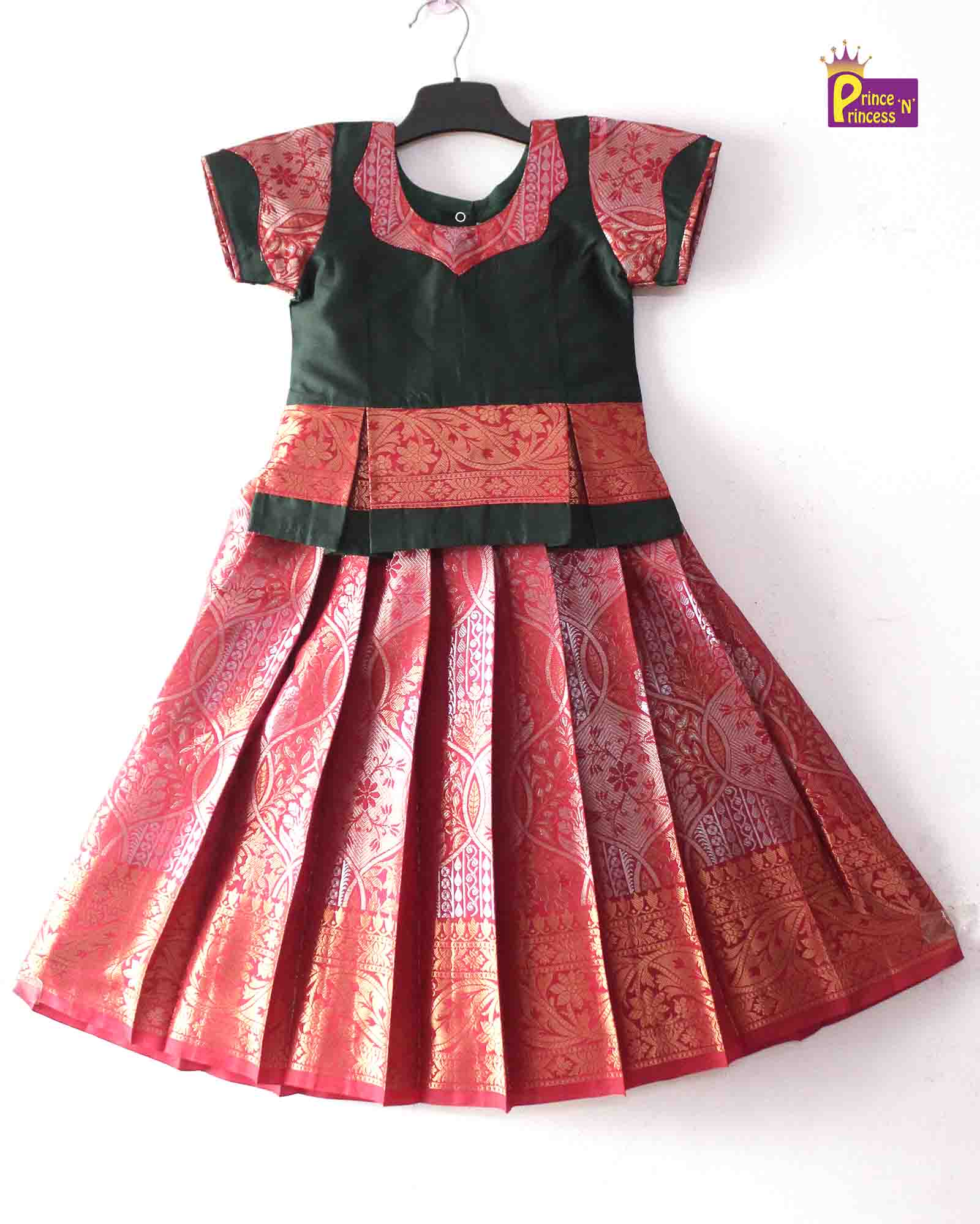 Kids DarkGreen And Red Designer Pattu Pavadai PPP1399 - Prince N Princess