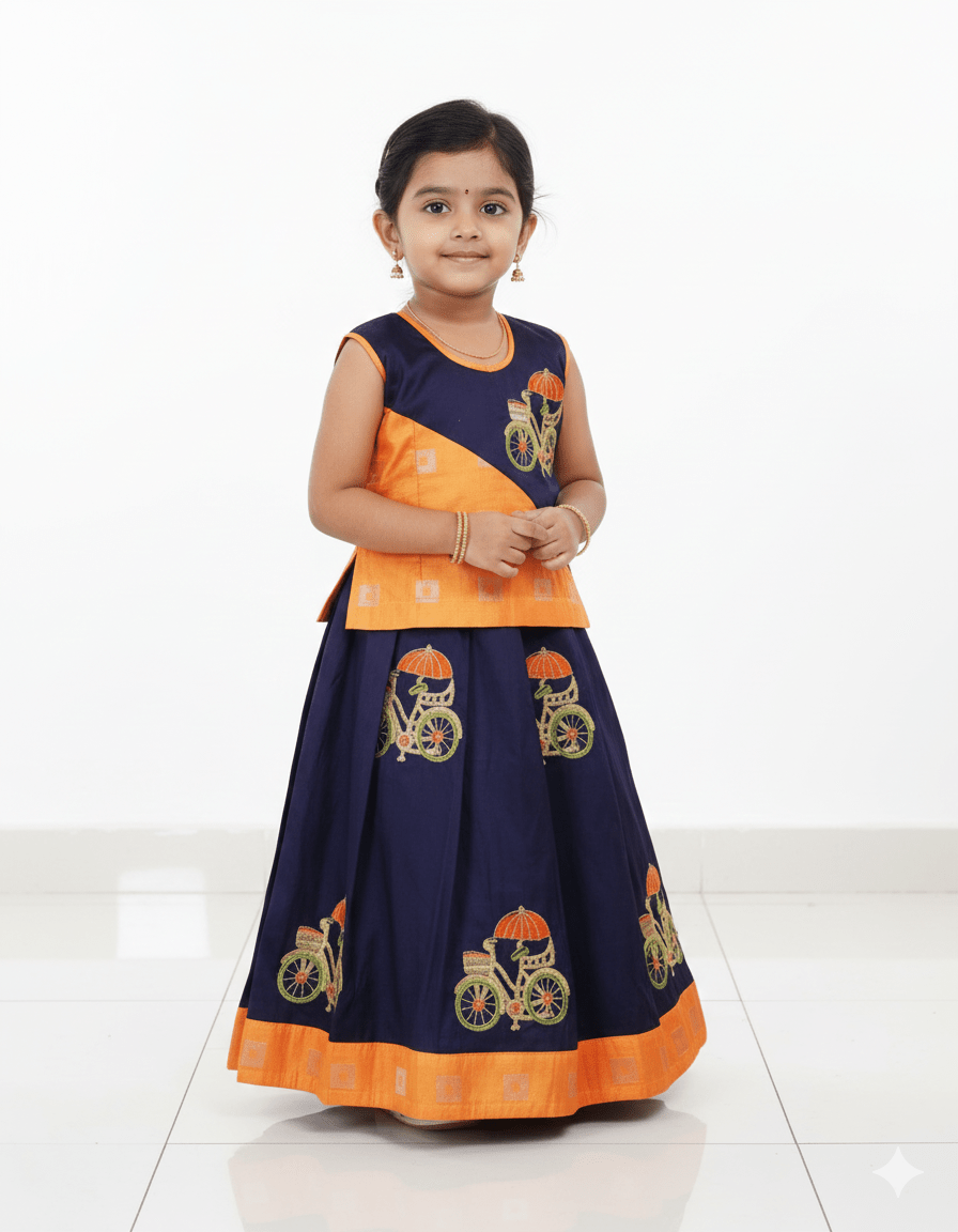 Kids embroidery Orange & Blue Pattu Pavadai PPP574 - Prince N Princess