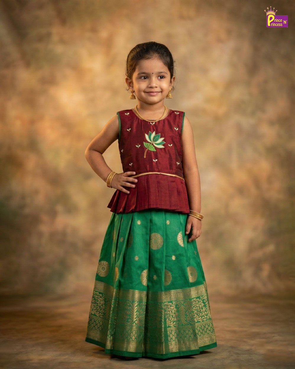 Kids Embroidery Pattu Pavadai in Maroon with Green PPP1766 - Prince N Princess