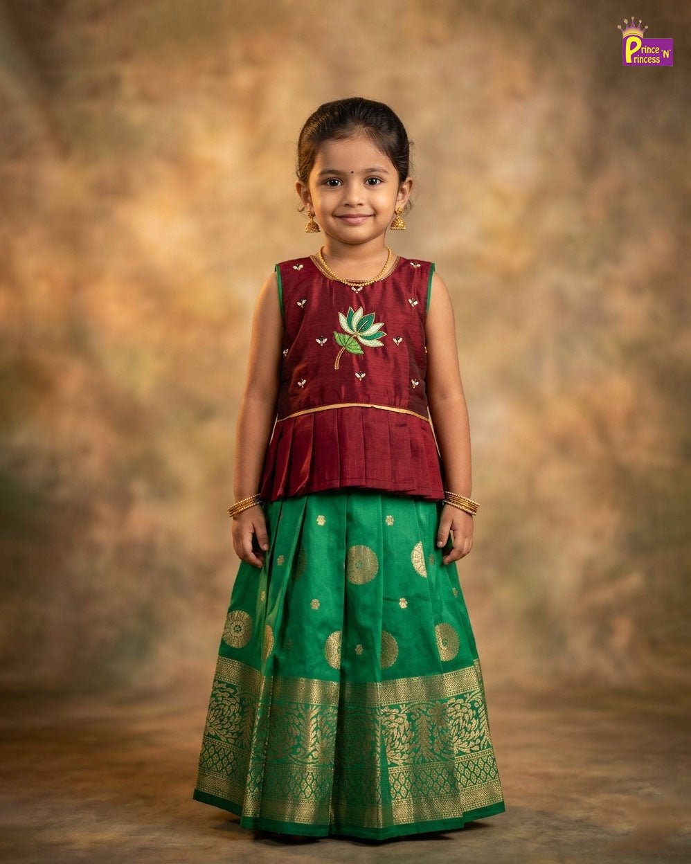 Kids Embroidery Pattu Pavadai in Maroon with Green PPP1766 - Prince N Princess
