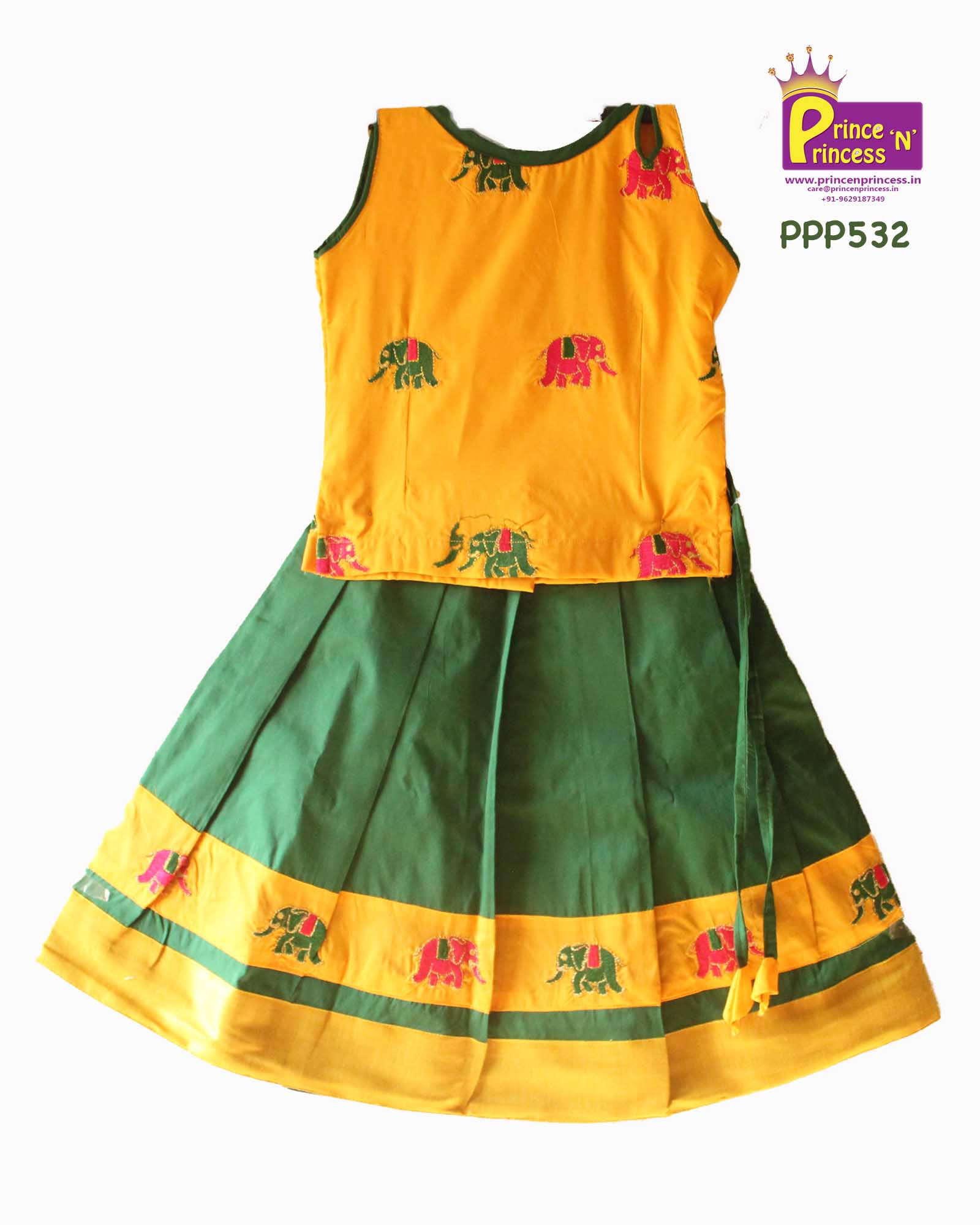 Kids embroidery Yellow with Green Pattu Pavadai PPP532 - Prince N Princess