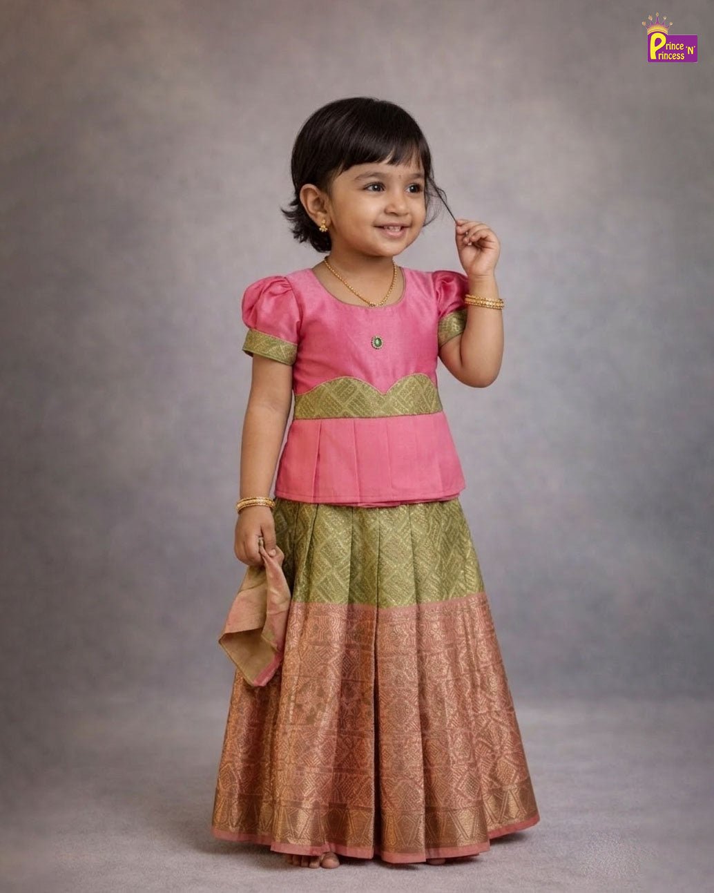 Kids Festival Aari Pattupavadai Pink with Green Boat Neck with Puff Sleeves │PPP2028 - Prince N Princess