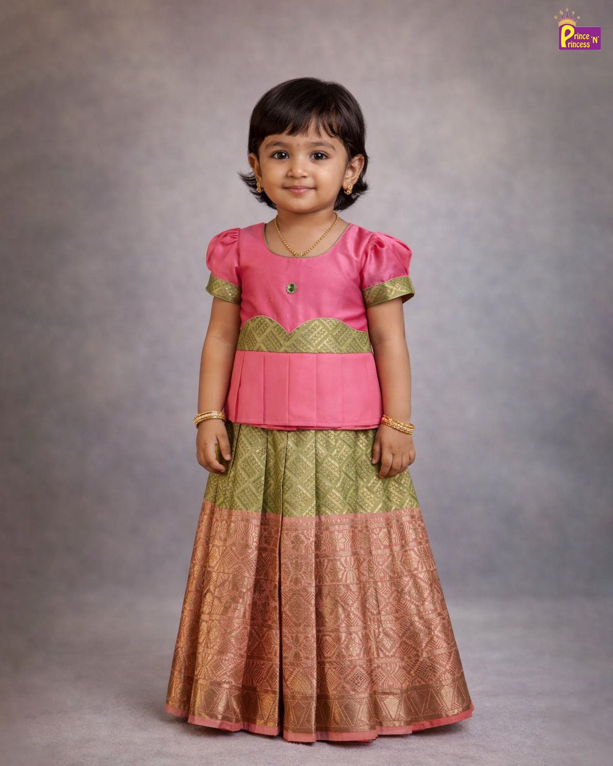 Kids Festival Aari Pattupavadai Pink with Green Boat Neck with Puff Sleeves │PPP2028 - Prince N Princess