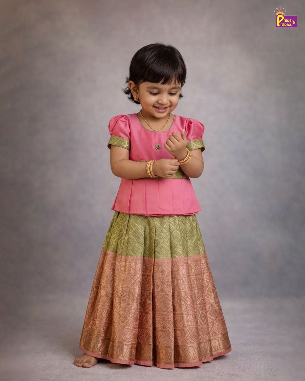 Kids Festival Aari Pattupavadai Pink with Green Boat Neck with Puff Sleeves │PPP2028 - Prince N Princess