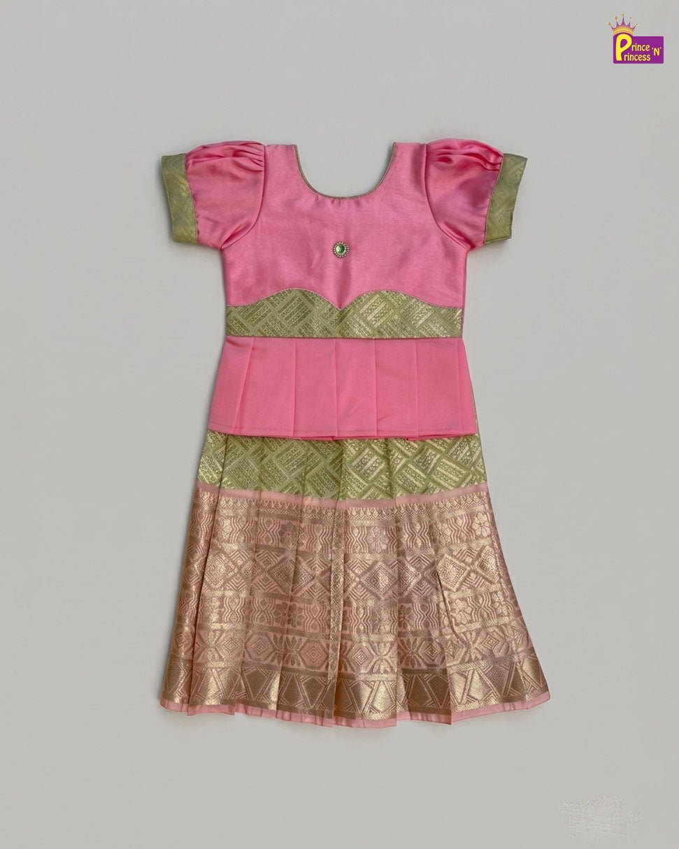 Kids Festival Aari Pattupavadai Pink with Green Boat Neck with Puff Sleeves │PPP2028 - Prince N Princess