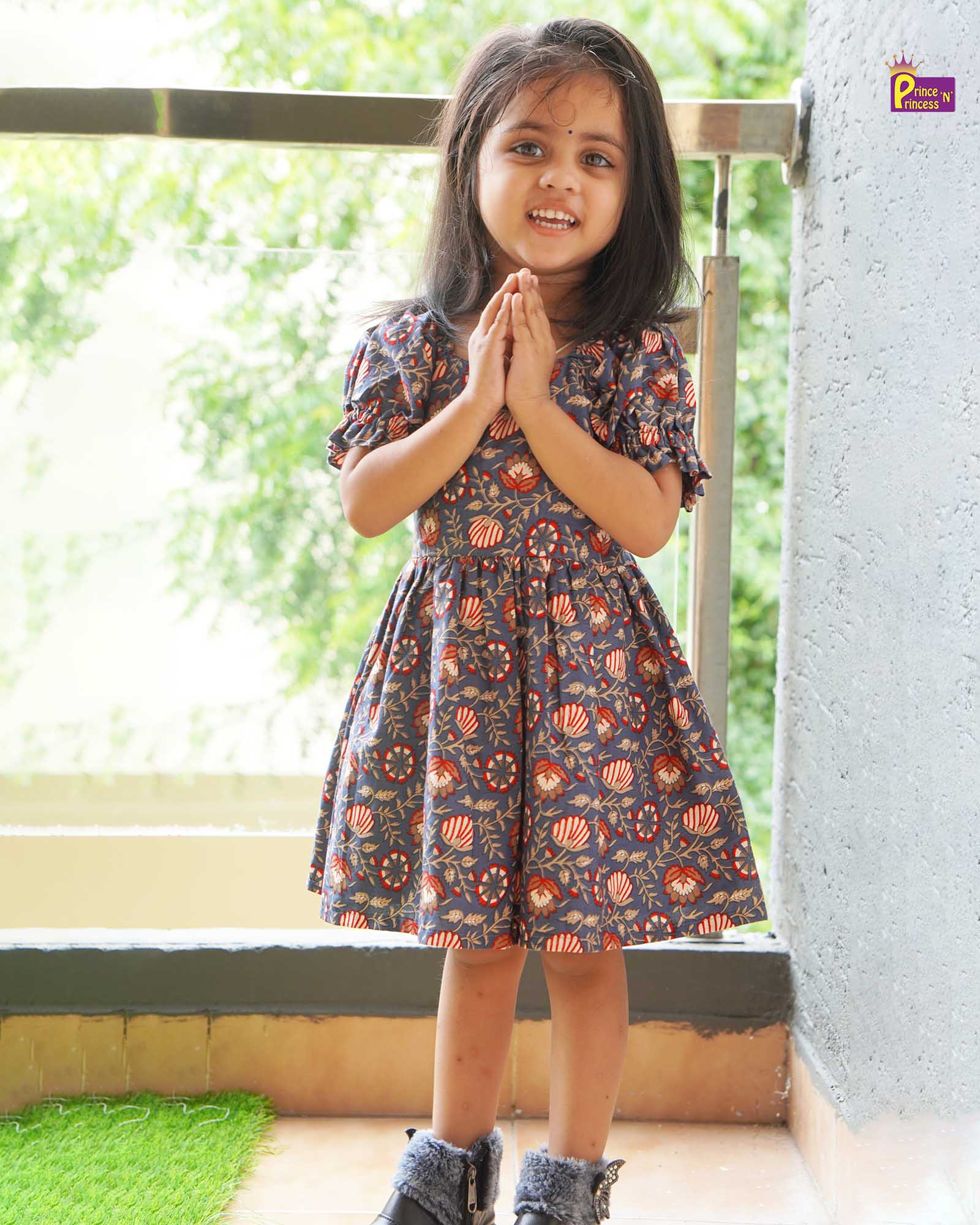 Kids Floral Grey Cotton Frock CF318 - Prince N Princess