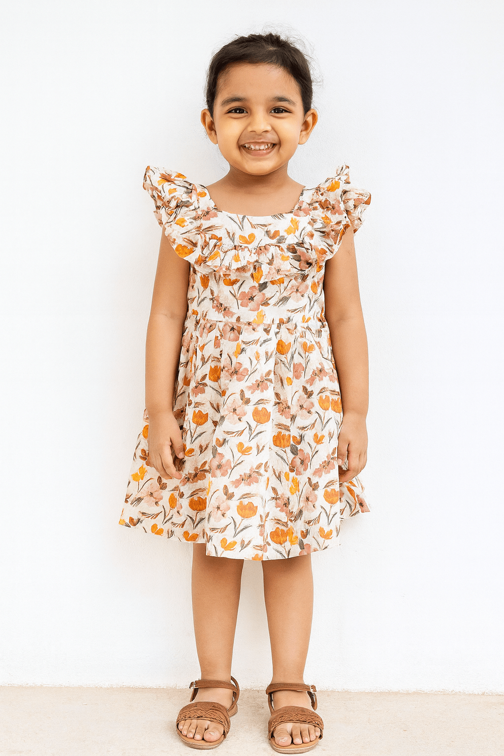 Kids Floral Peach Halfwhite hakoba Frock CF364 - Prince N Princess