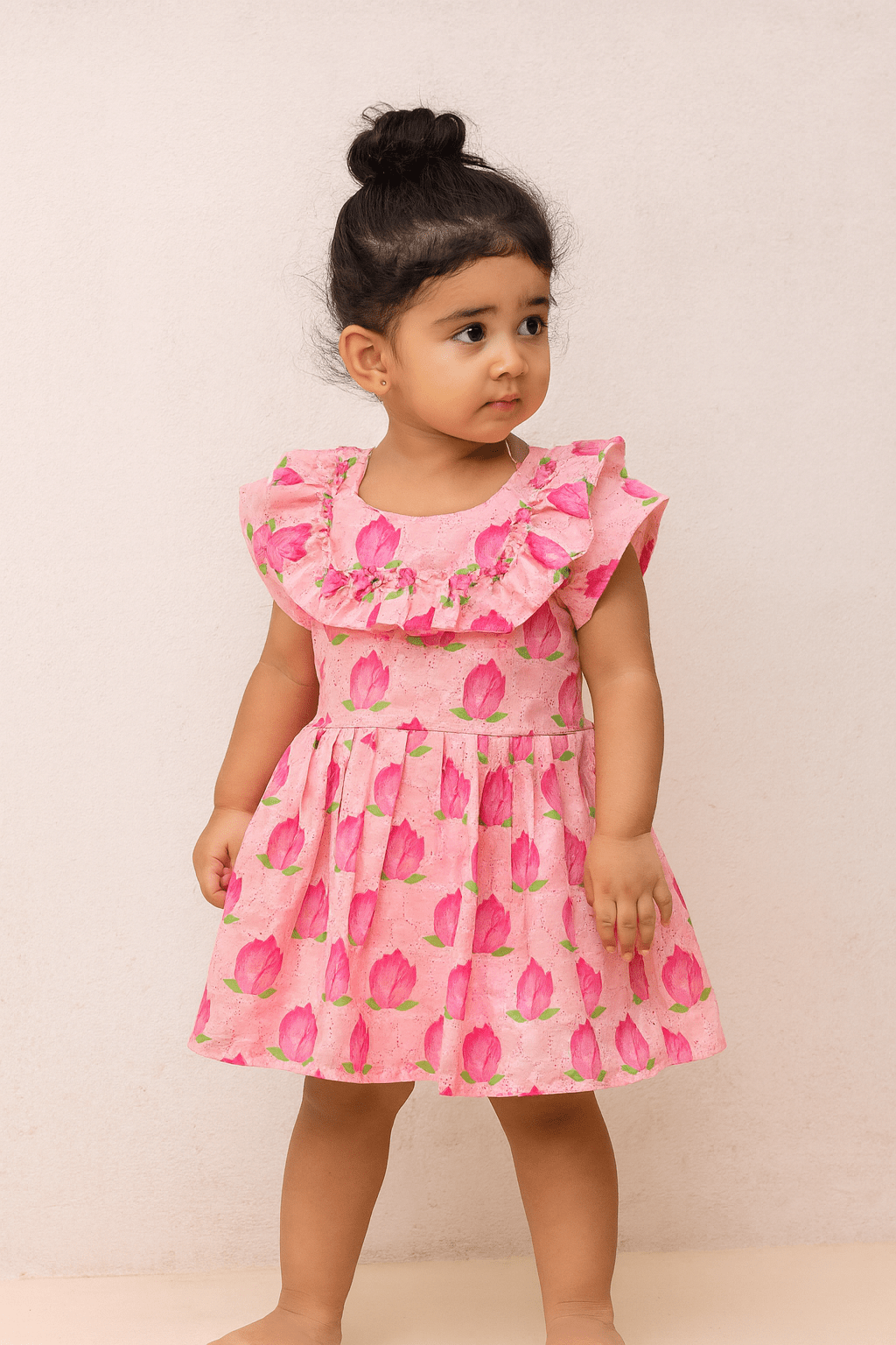 Kids Floral Pink Halfwhite hakoba Frock CF365 - Prince N Princess