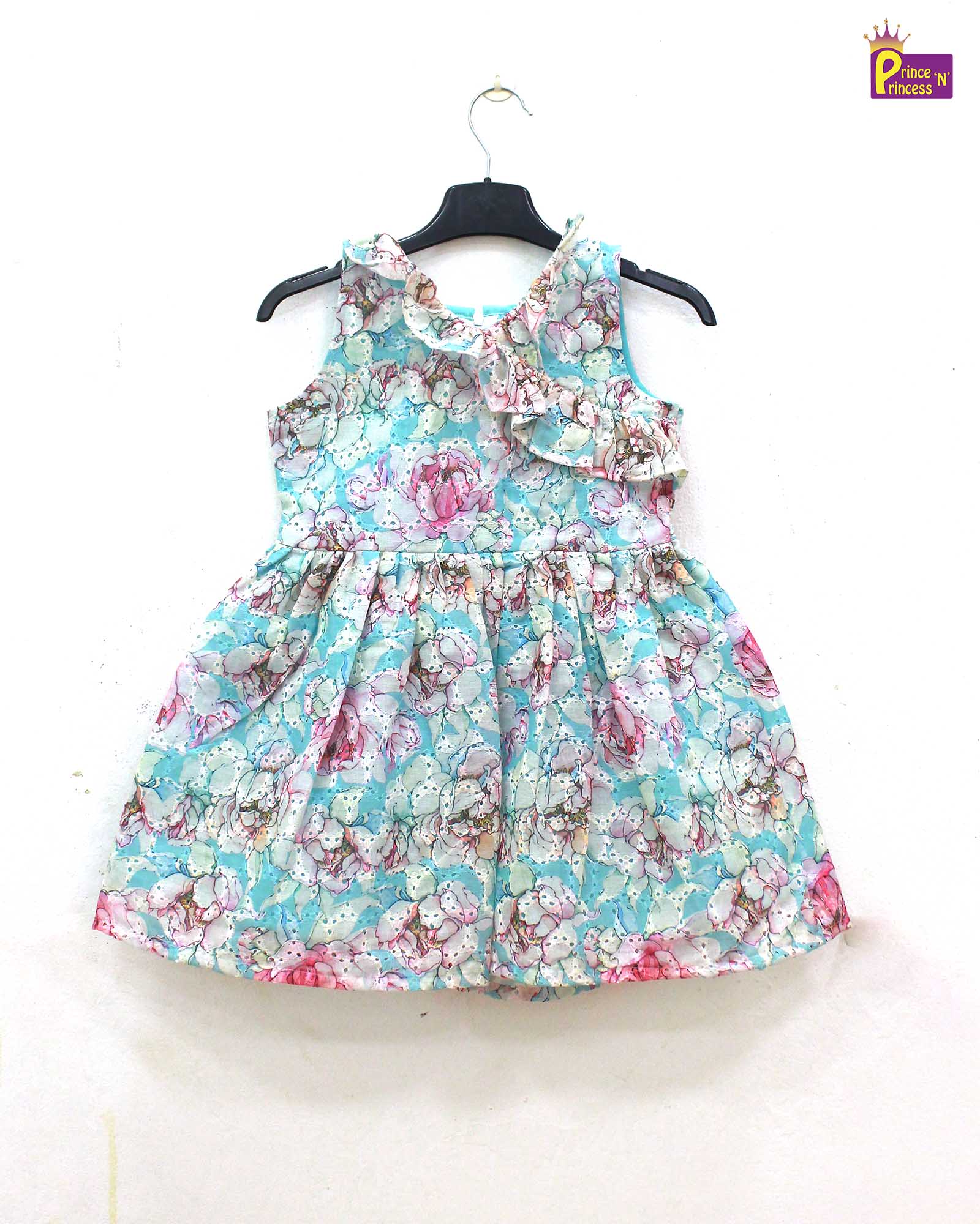 Kids Floral Skyblue Halfwhite hakoba Frock CF338 - Prince N Princess