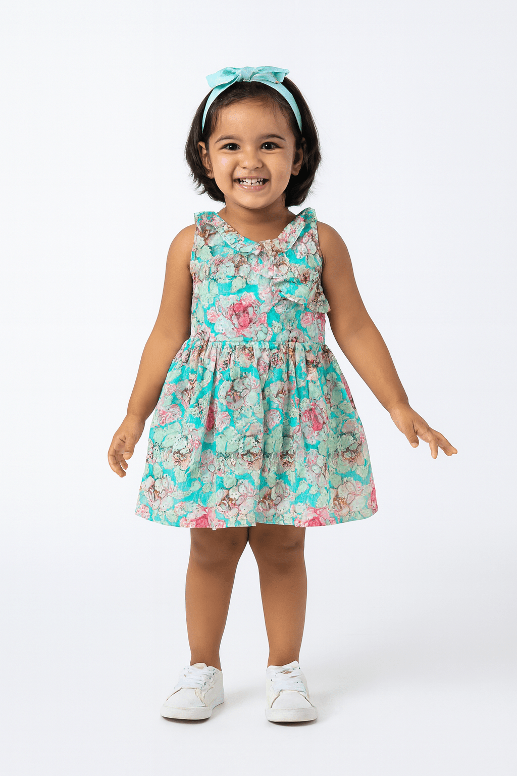 Kids Floral Skyblue Halfwhite hakoba Frock CF338 - Prince N Princess