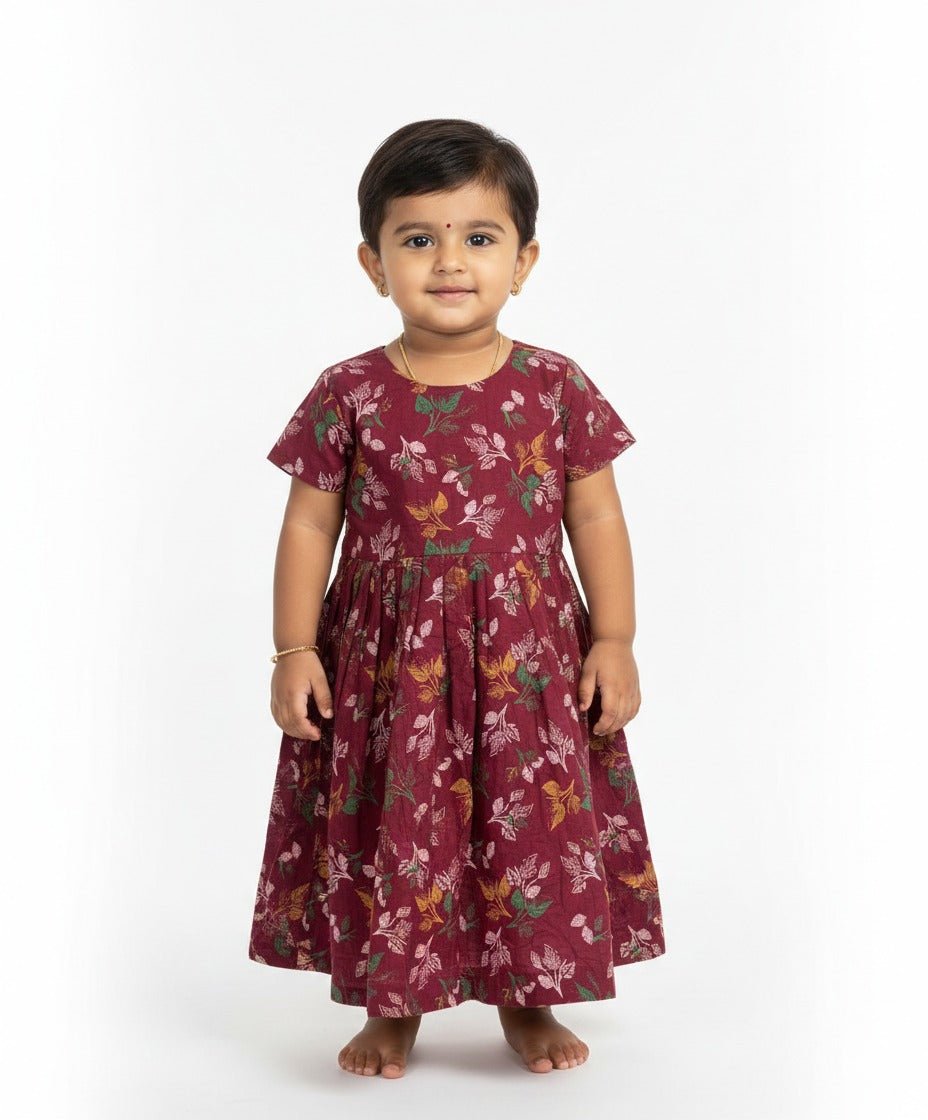 Kids Flower Printed Cotton Frock in Wine CF278 - Prince N Princess