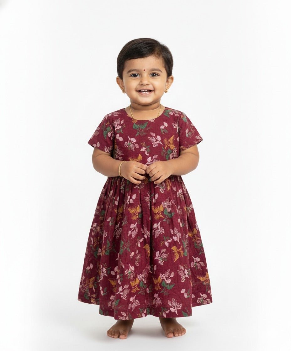 Kids Flower Printed Cotton Frock in Wine CF278 - Prince N Princess
