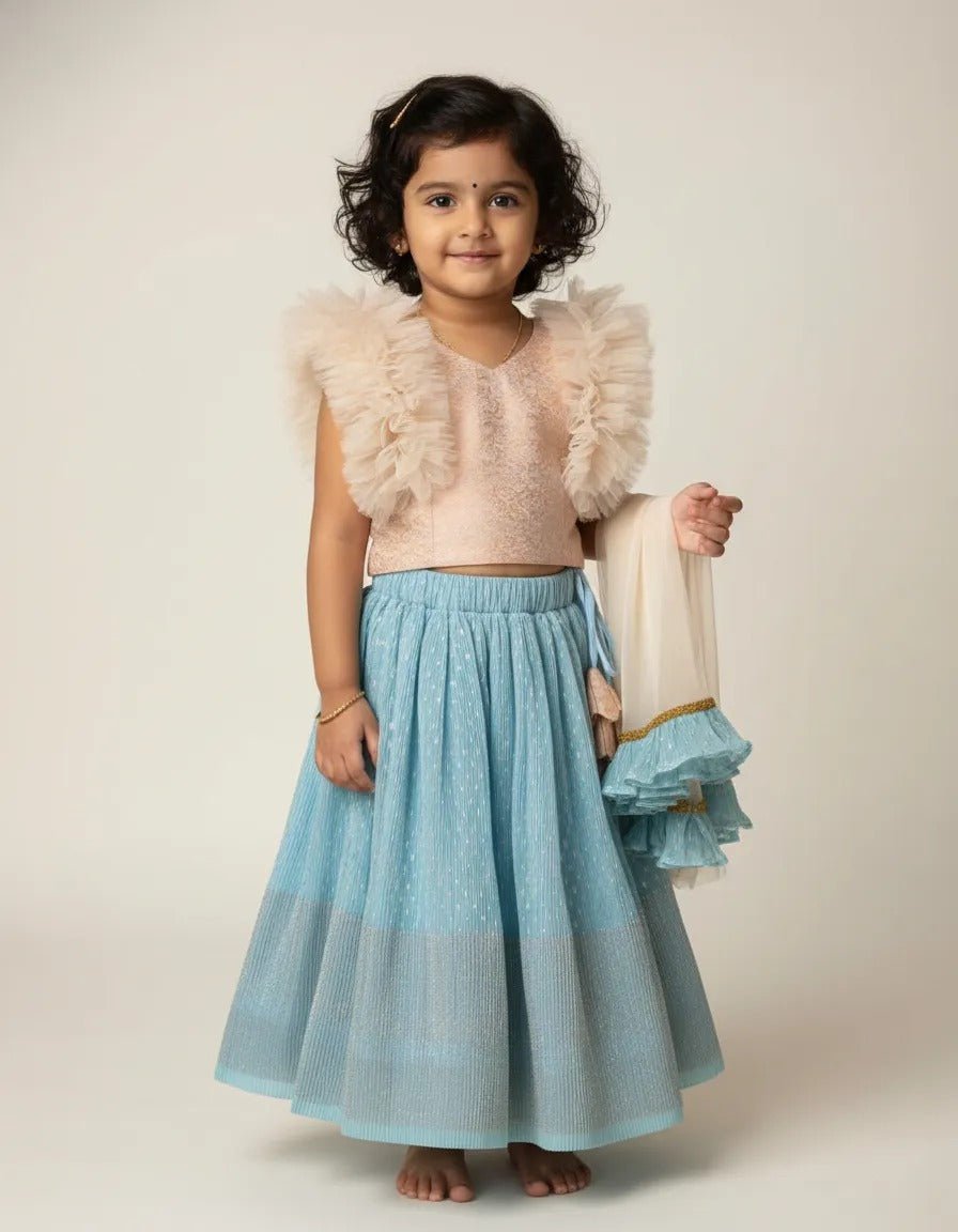 Kids Georgette Lehenga Choli in Rose Gold with SkyBlue LC266 - Prince N Princess