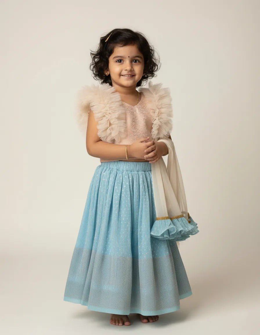 Kids Georgette Lehenga Choli in Rose Gold with SkyBlue LC266 - Prince N Princess