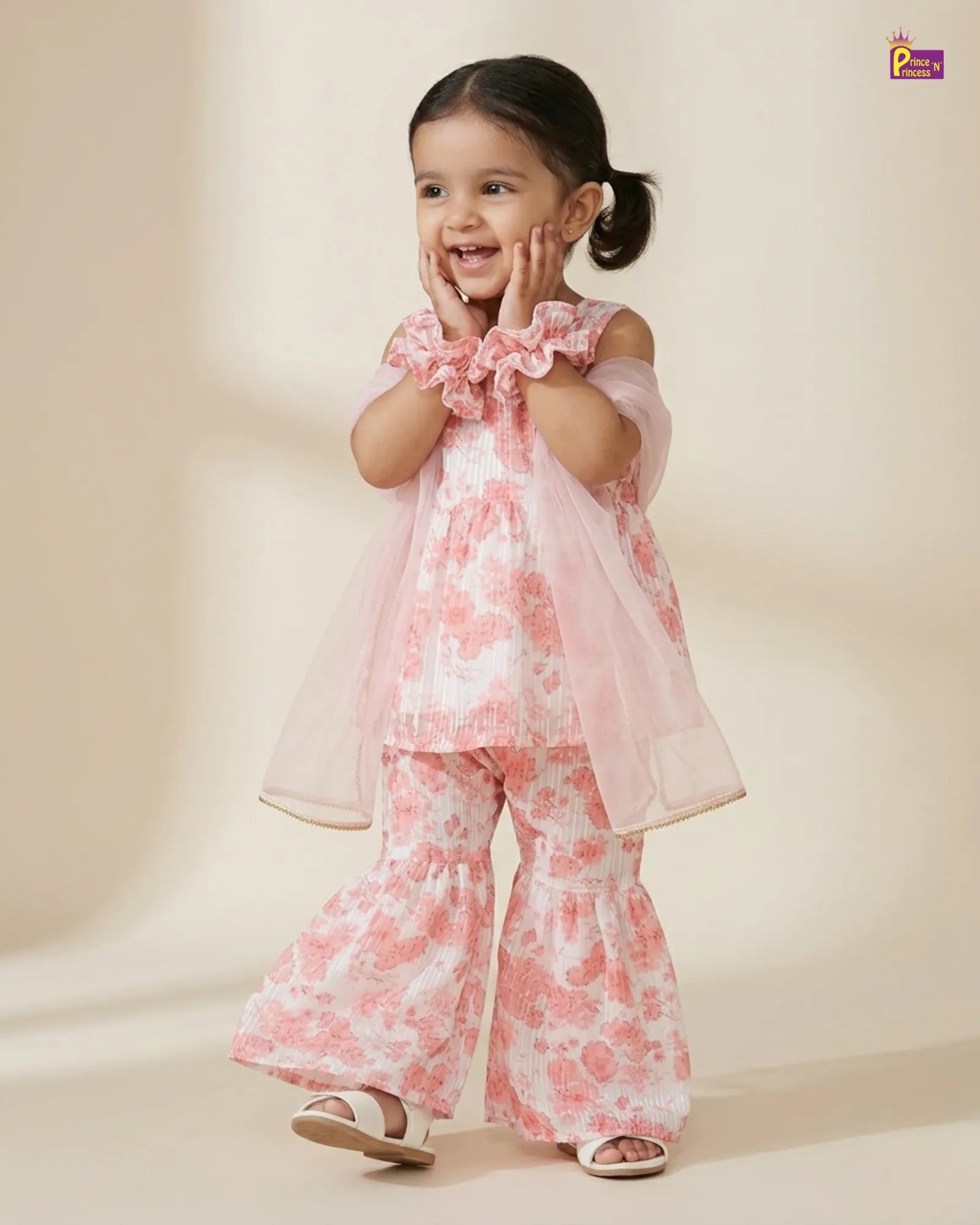 Kids Georgette Peach with white Trendy Sharara Suit KS001 for kids festival wear