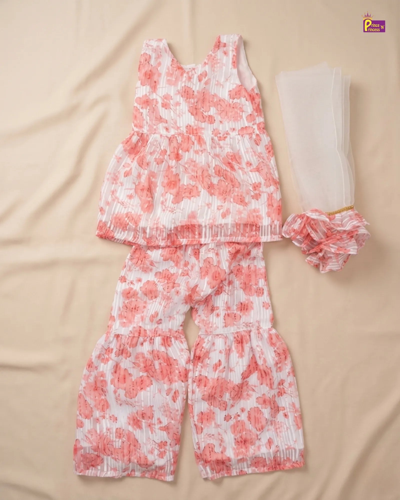 Kids Georgette Peach with white Trendy Sharara Suit KS001 for kids festival wear
