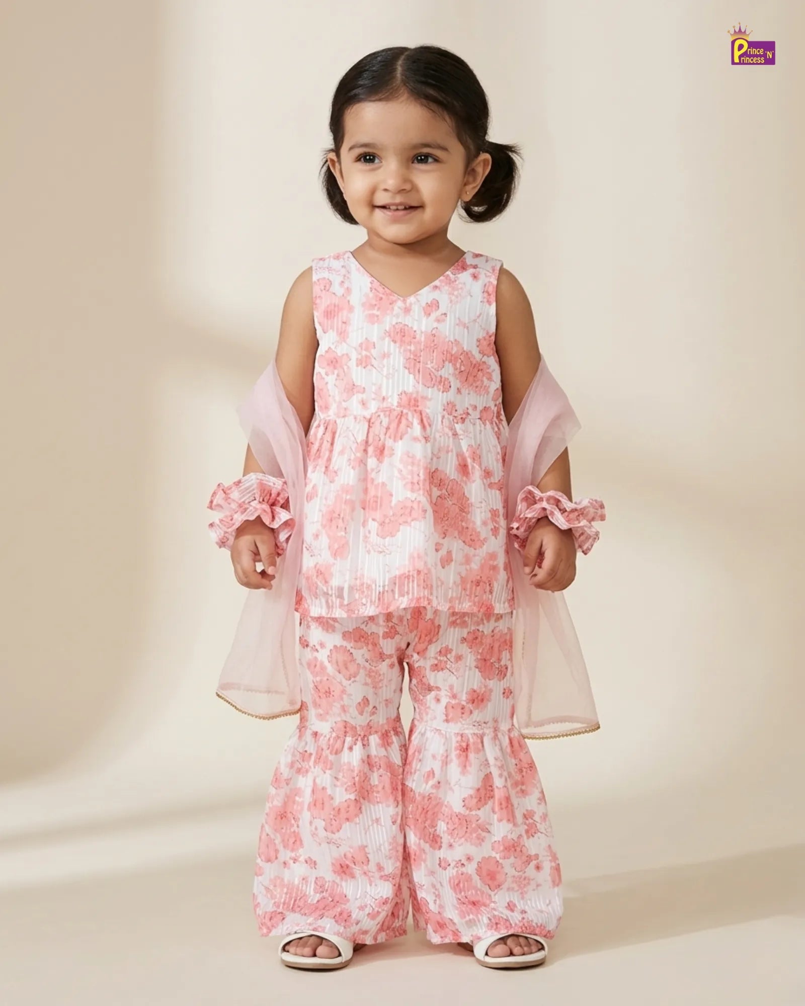 Kids Georgette Peach with white Trendy Sharara Suit KS001 for kids festival wear