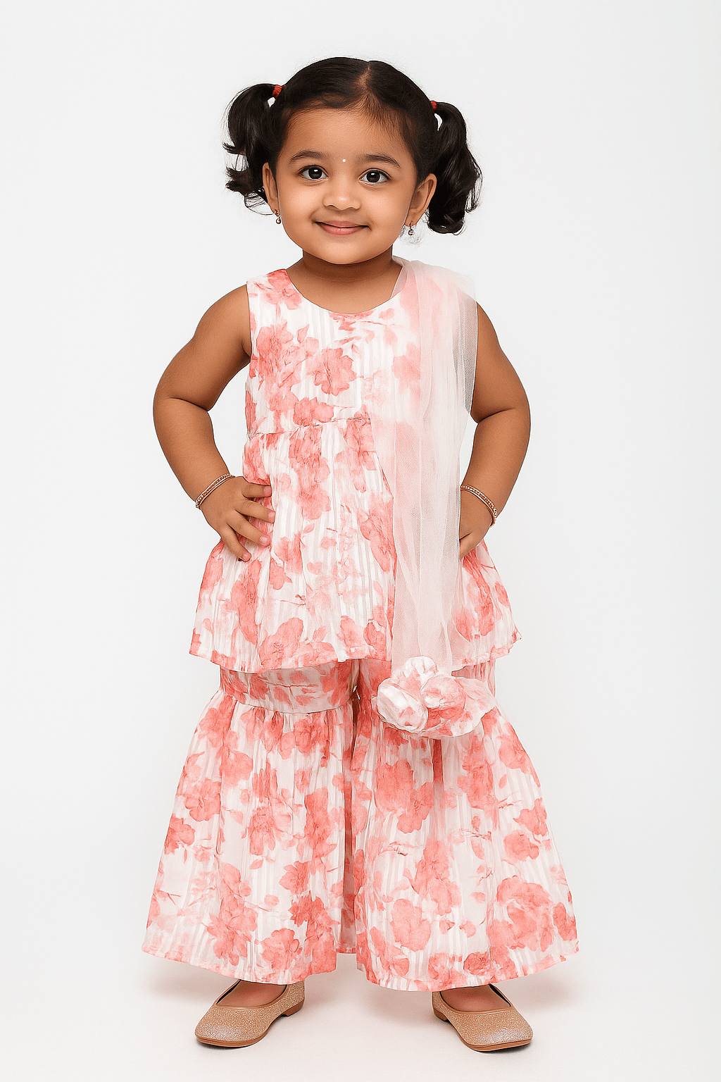 Kids Georgette Peach with white Trendy Sharara Suit KS001 - Prince N Princess