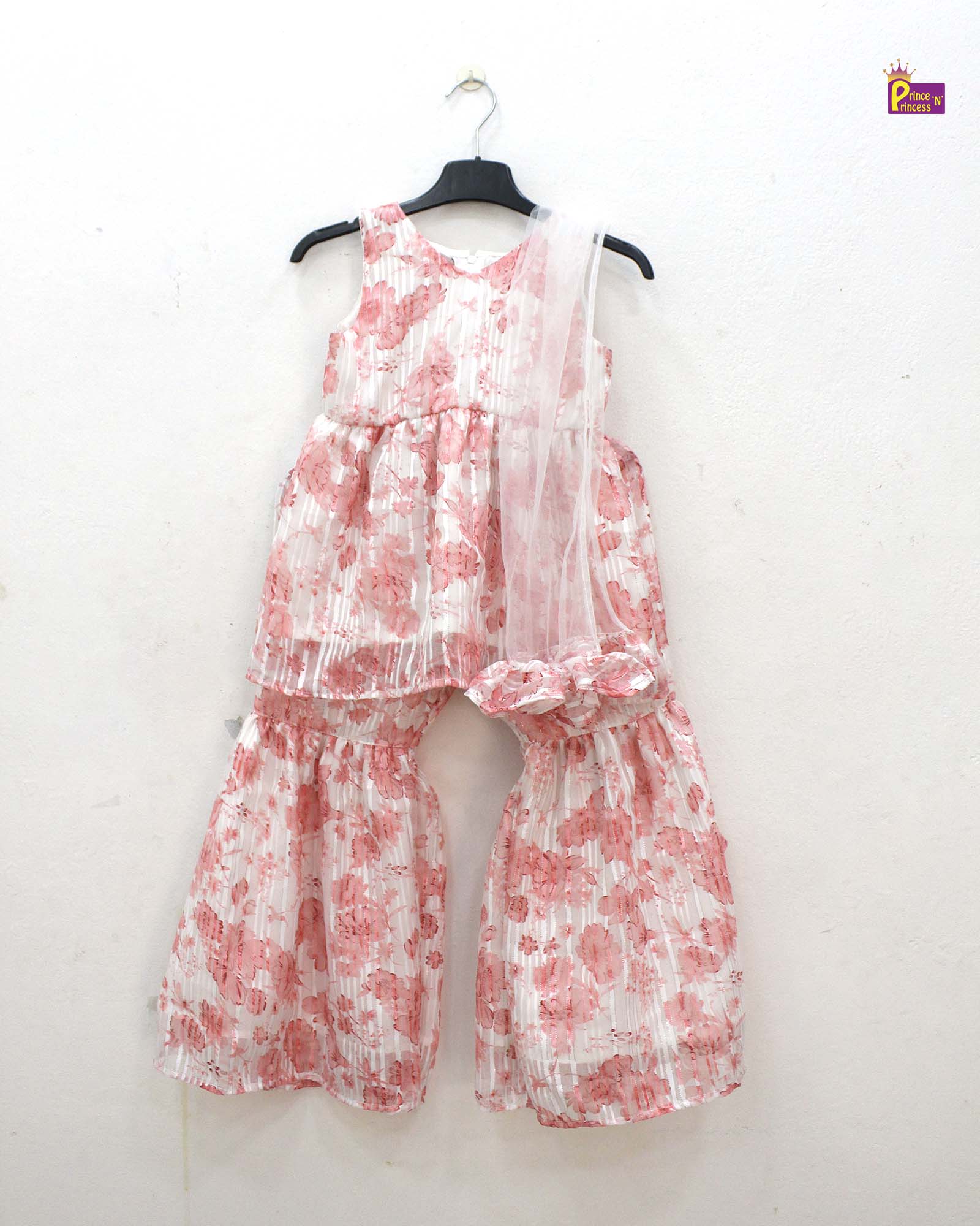 Kids Georgette Peach with white Trendy Sharara Suit KS001 - Prince N Princess