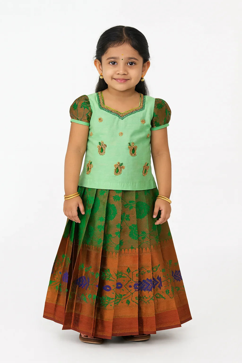 Kids Grand Green Embroidery Aari Work Pattu Pavadai PPP1147 - Prince N Princess