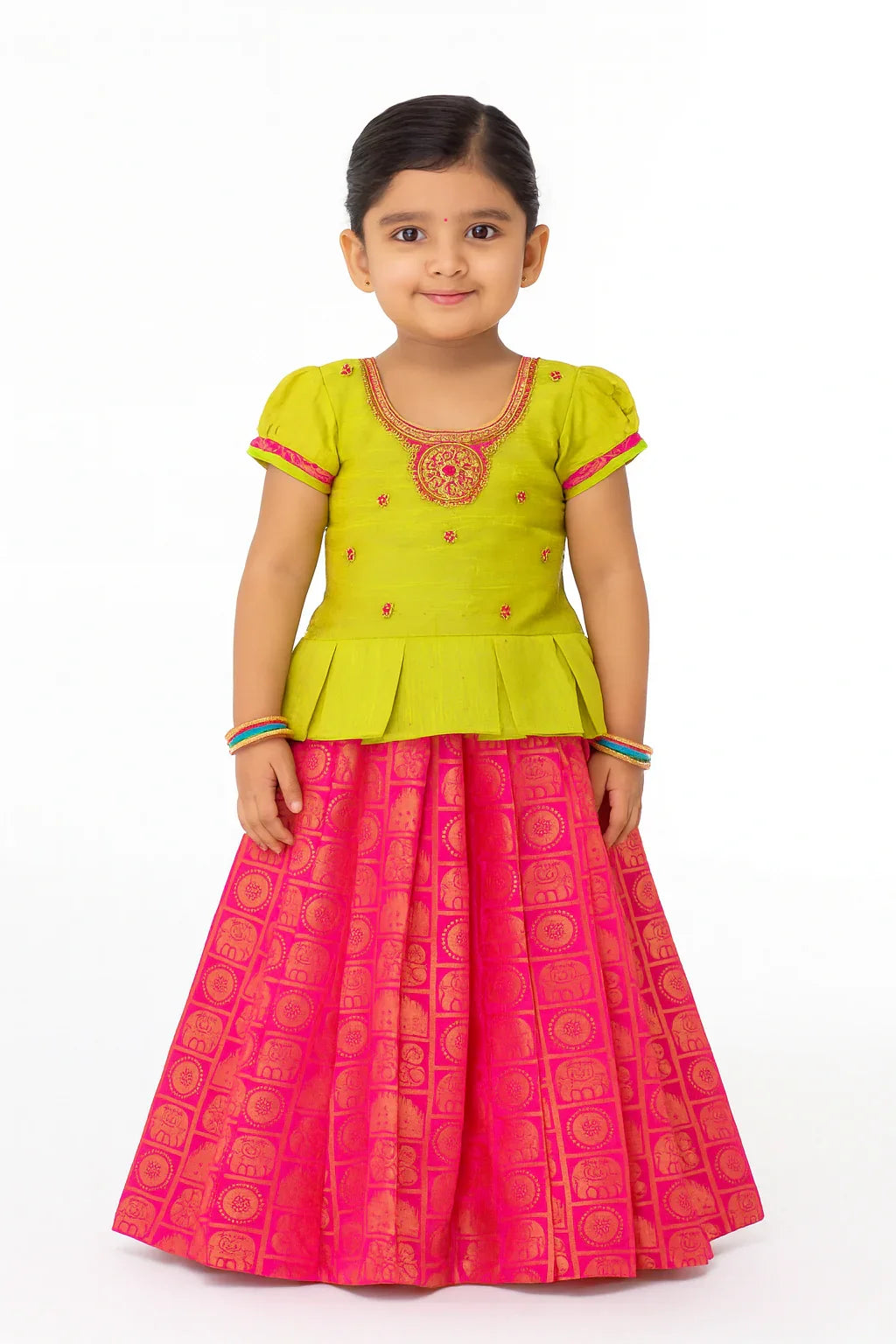 Kids Grand Green Pink Aari Work Pattu Pavadai PPP640 - Prince N Princess