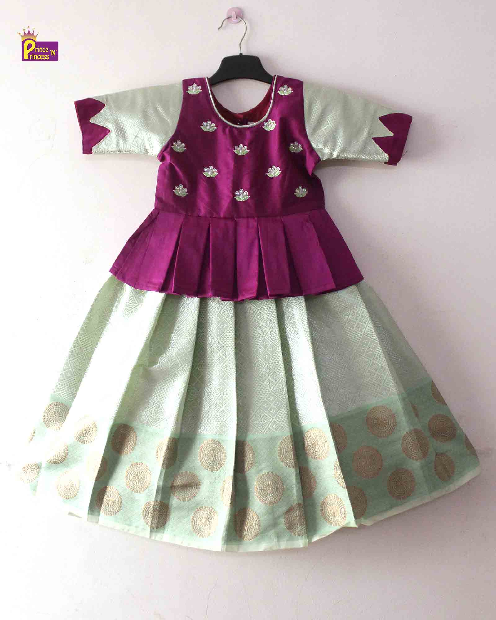 Kids Grand Magenta Peach Embroidery Aari Work Pattu Pavadai PPP1361 - Prince N Princess