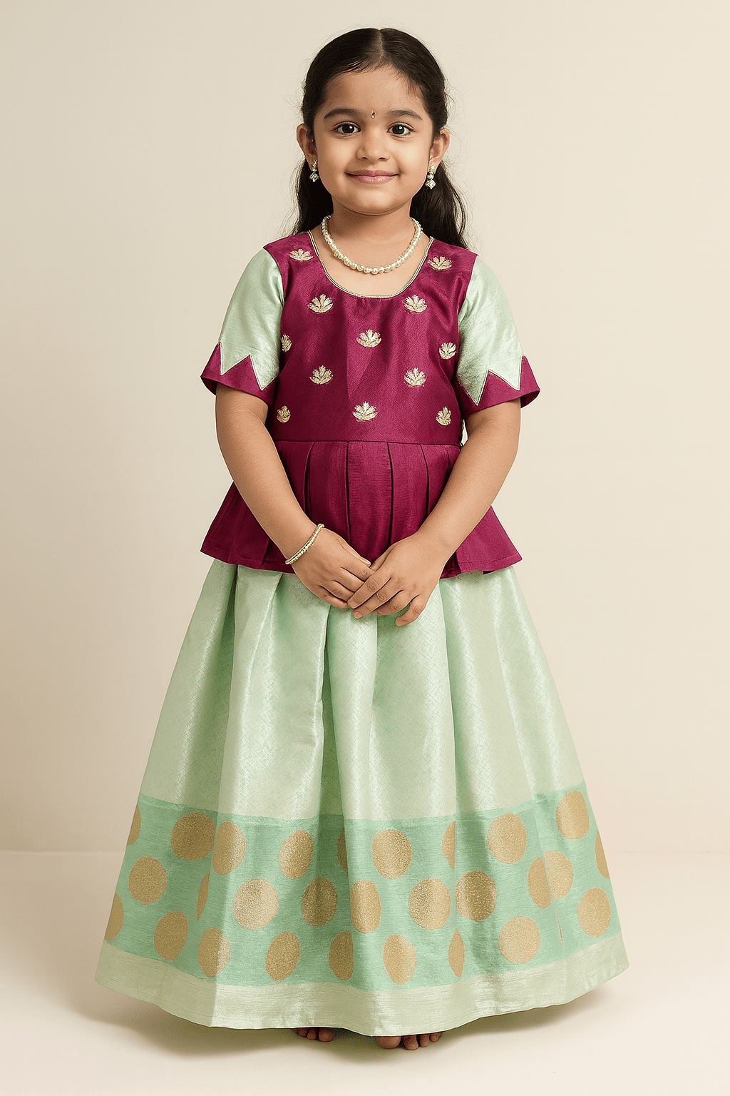 Kids Grand Magenta Peach Embroidery Aari Work Pattu Pavadai PPP1361 - Prince N Princess
