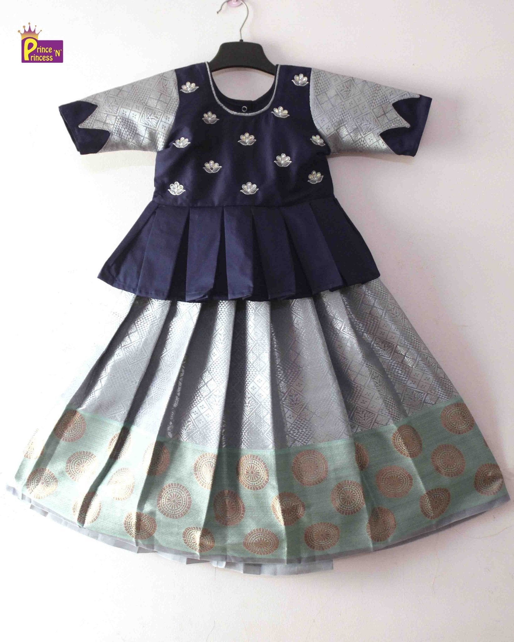 Kids Grand Navy Embroidery Aari Work Pattu Pavadai PPP1373 - Prince N Princess